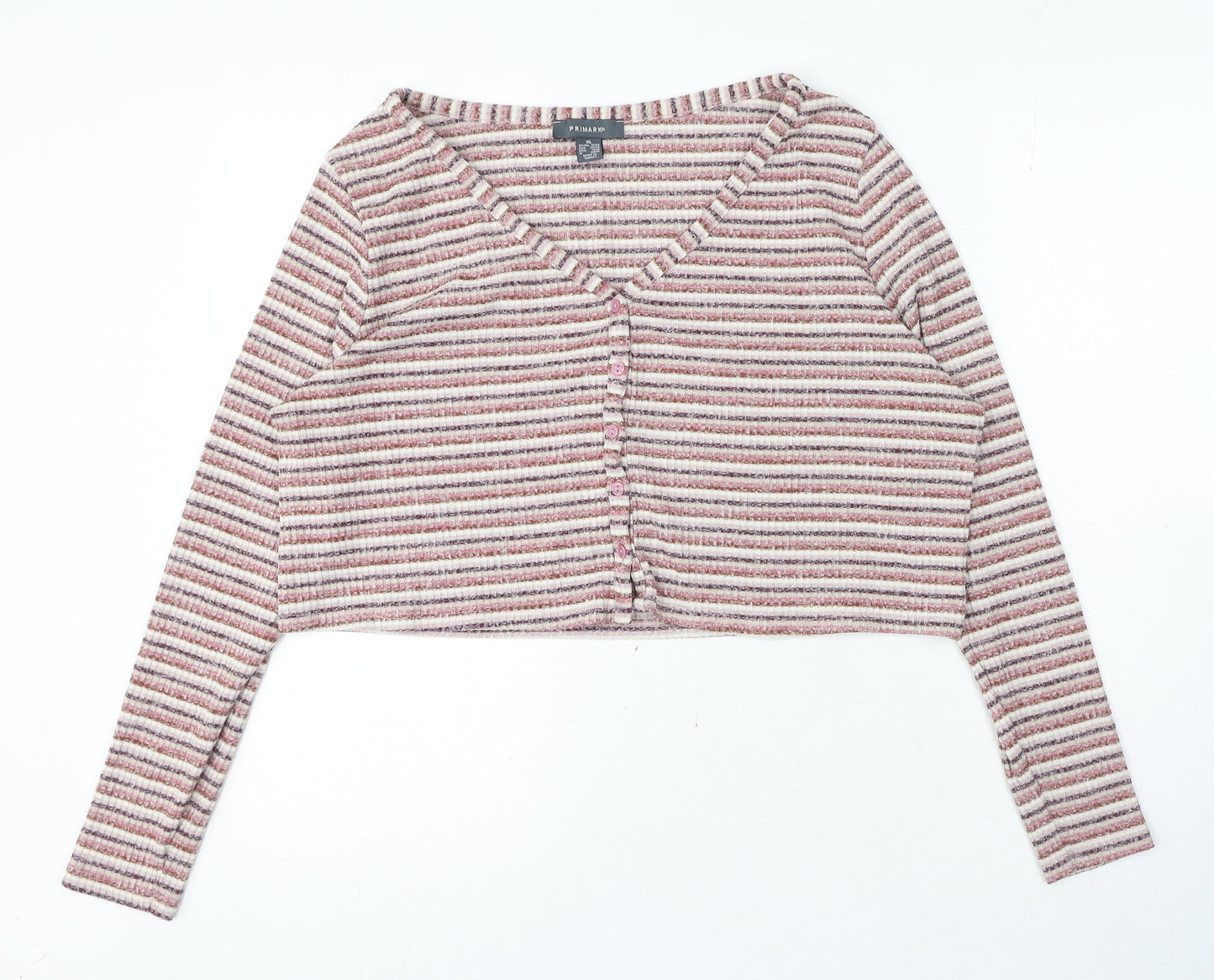 Primark Womens Multicoloured V-Neck Striped Polyester Cardigan Jumper Size XL - Cropped