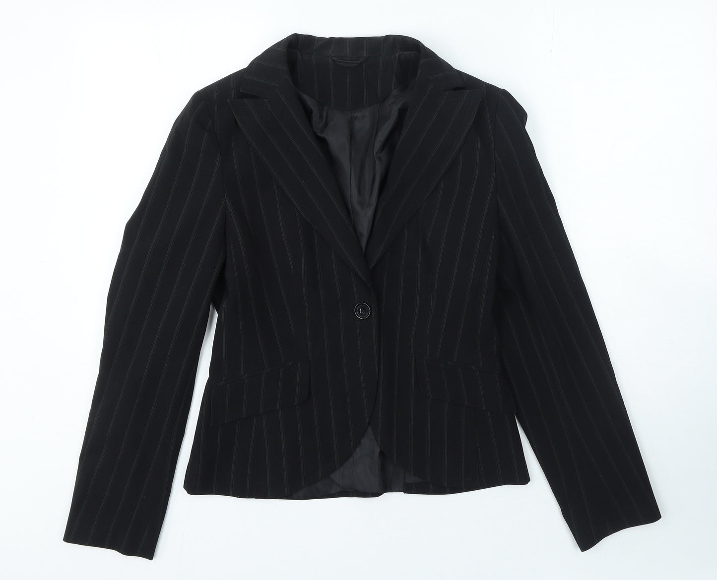 Internacionale Womens Black Pinstripe Polyester Jacket Blazer Size 10