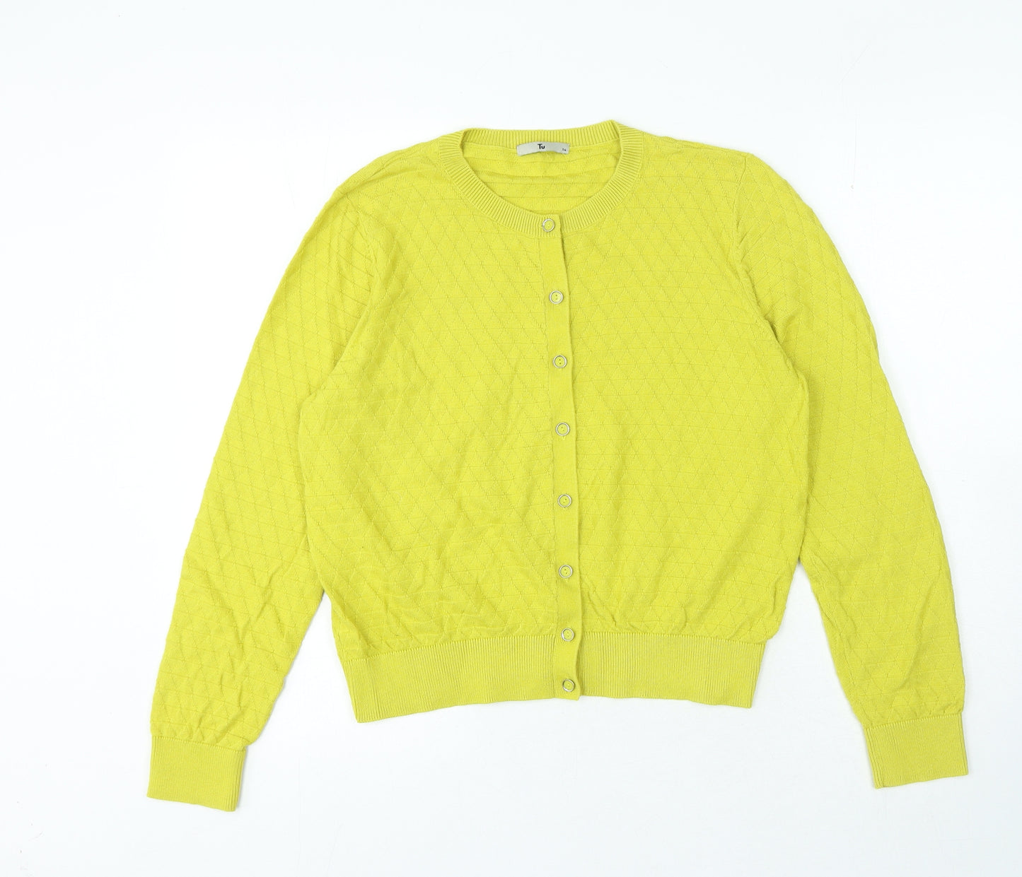 TU Womens Yellow Crew Neck Cotton Cardigan Jumper Size 14