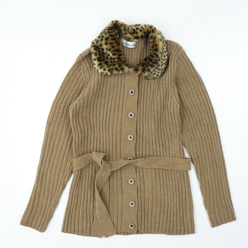 Emos Collection Womens Brown Round Neck Animal Print Acrylic Cardigan Jumper Size S - Leopard Print