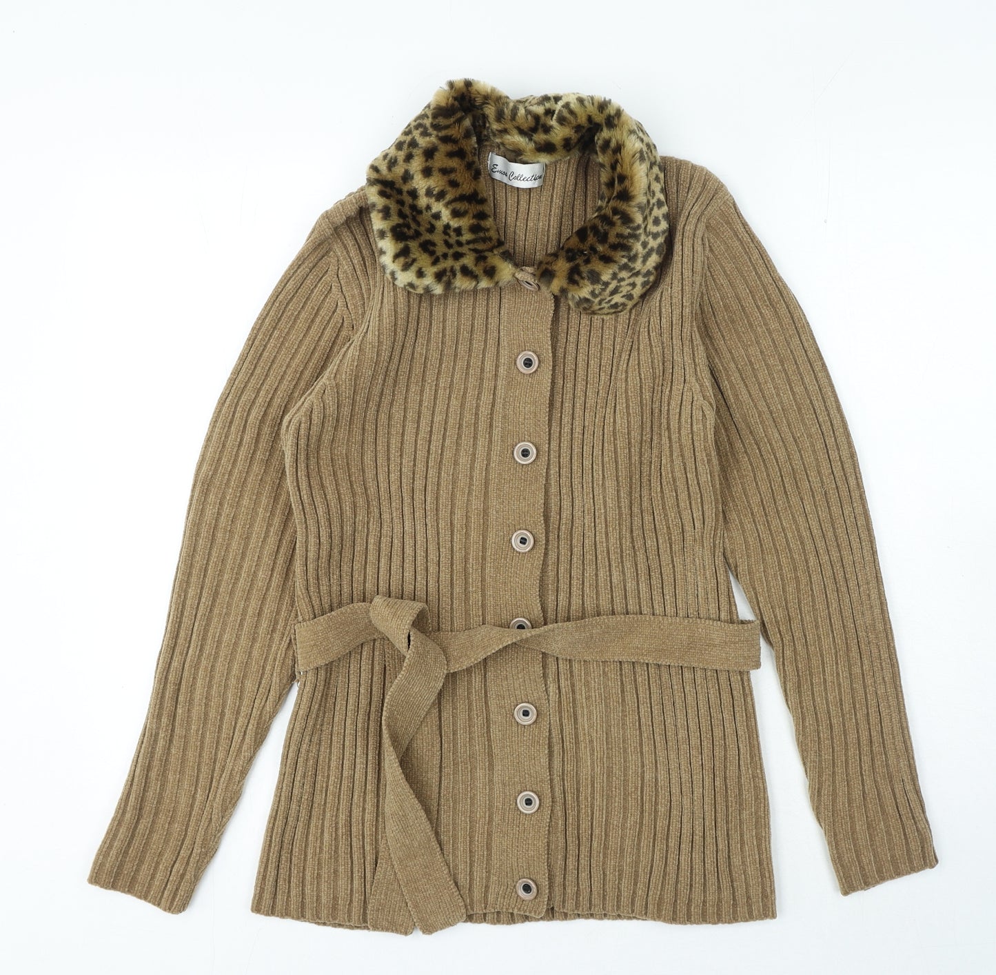 Emos Collection Womens Brown Round Neck Animal Print Acrylic Cardigan Jumper Size S - Leopard Print