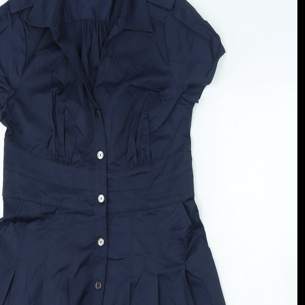 Jasper Conran Womens Blue Cotton A-Line Size 14 Collared Button