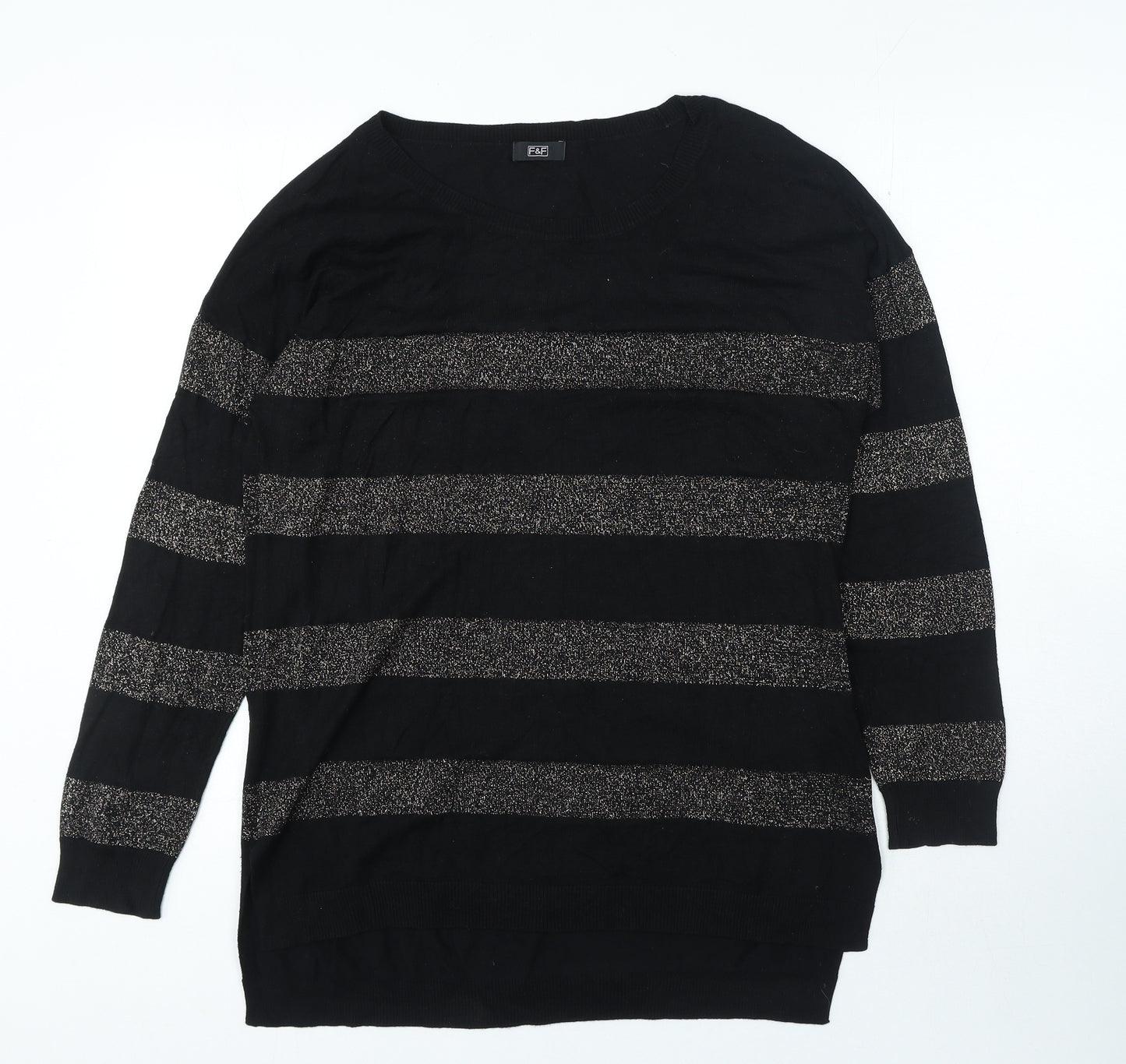 F&F Womens Black Round Neck Striped Viscose Pullover Jumper Size 16