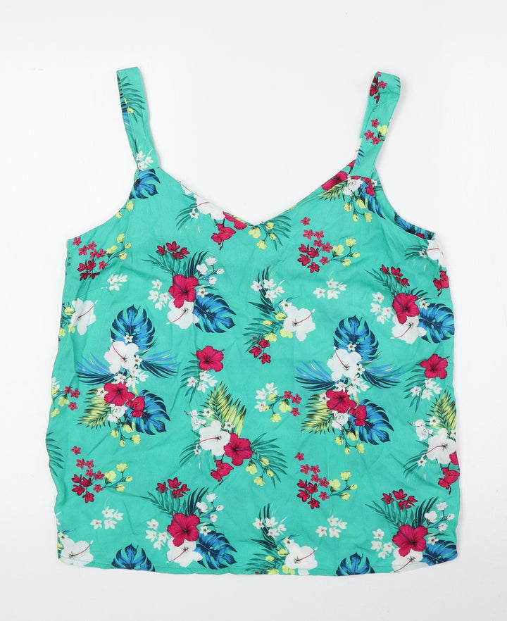 M&Co Womens Green Floral Viscose Basic Tank Size 10 V-Neck