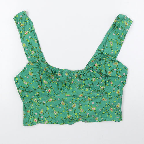 Motel Womens Green Floral Viscose Cropped Tank Size 2XS Scoop Neck