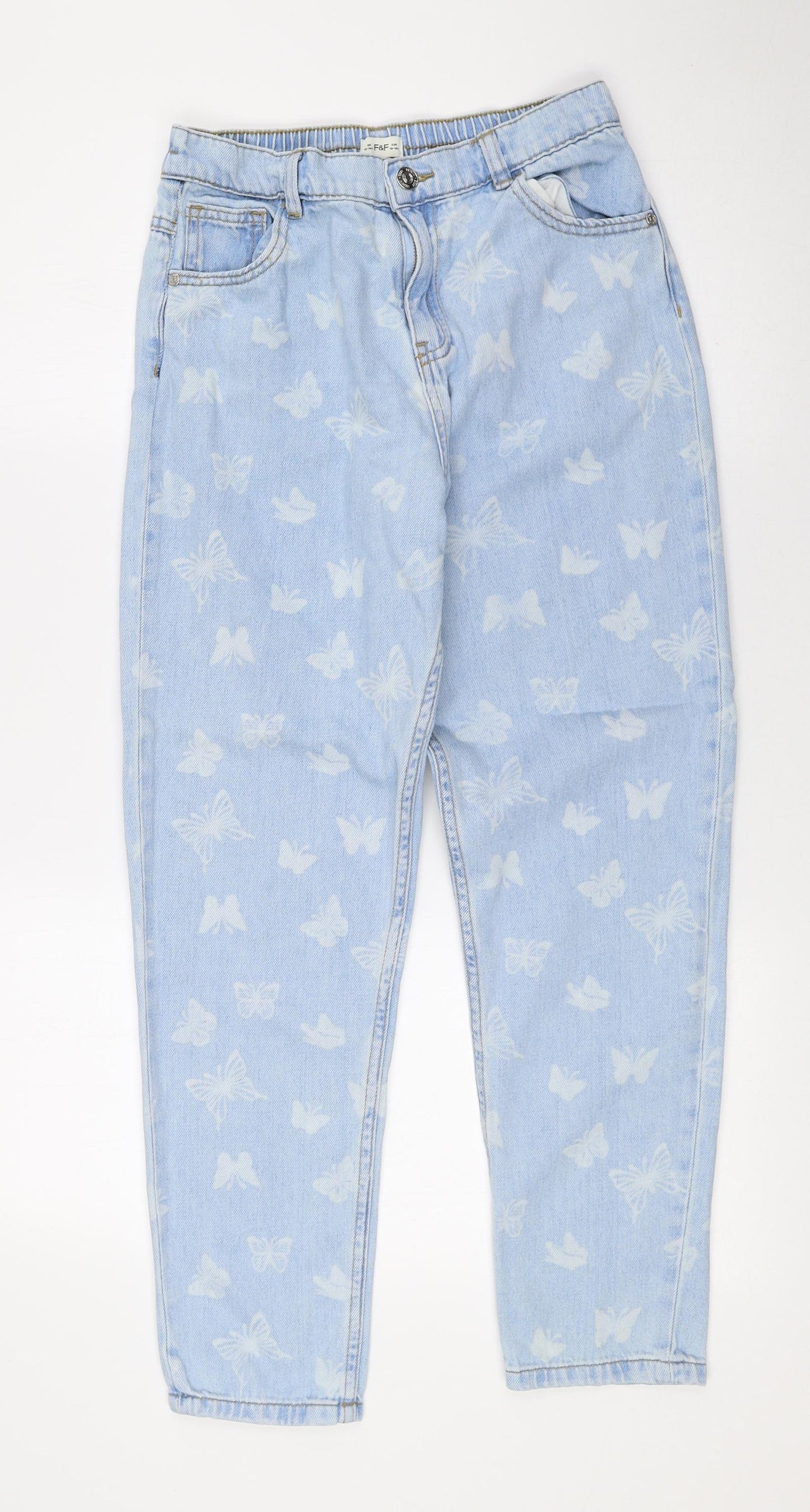 F&F Girls Blue Geometric 100% Cotton Tapered Jeans Size 13-14 Years Regular Zip - Butterfly