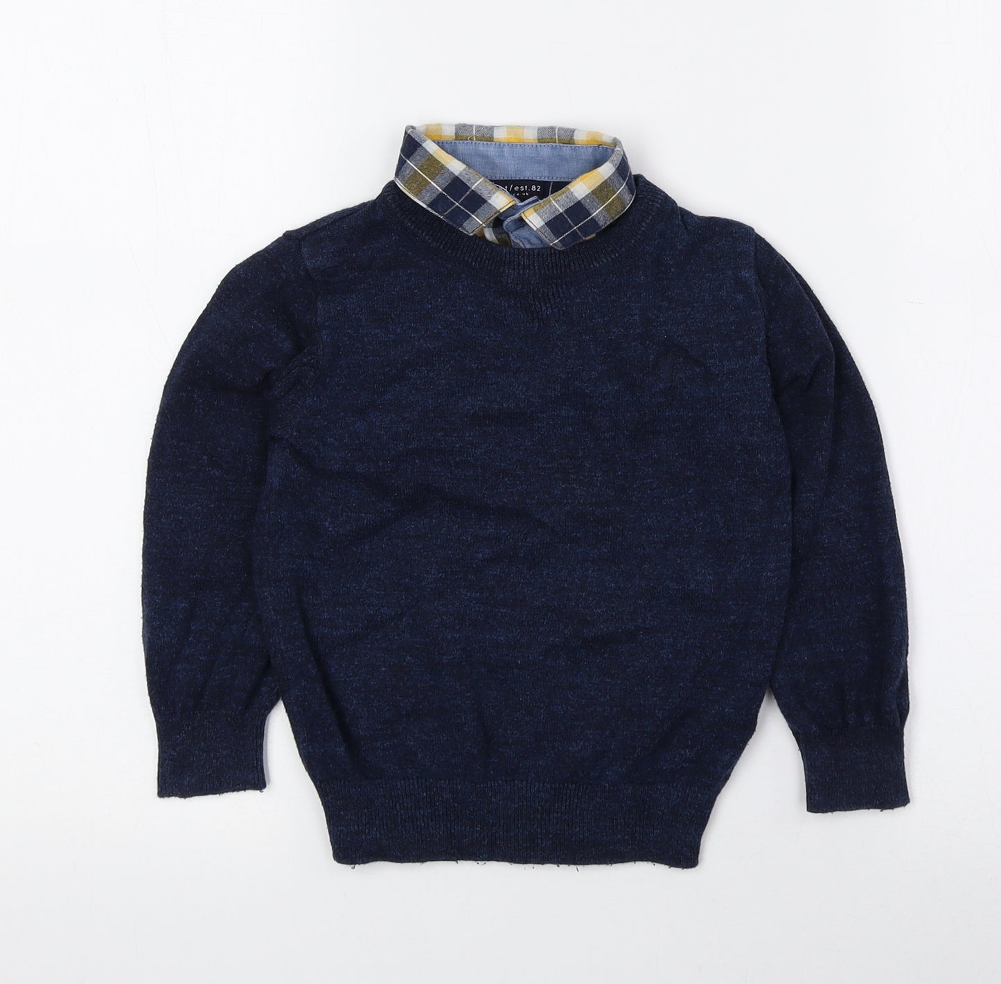 NEXT Boys Blue Collared Check 100% Cotton Pullover Jumper Size 2-3 Years Button