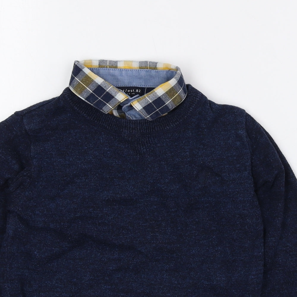 NEXT Boys Blue Collared Check 100% Cotton Pullover Jumper Size 2-3 Years Button