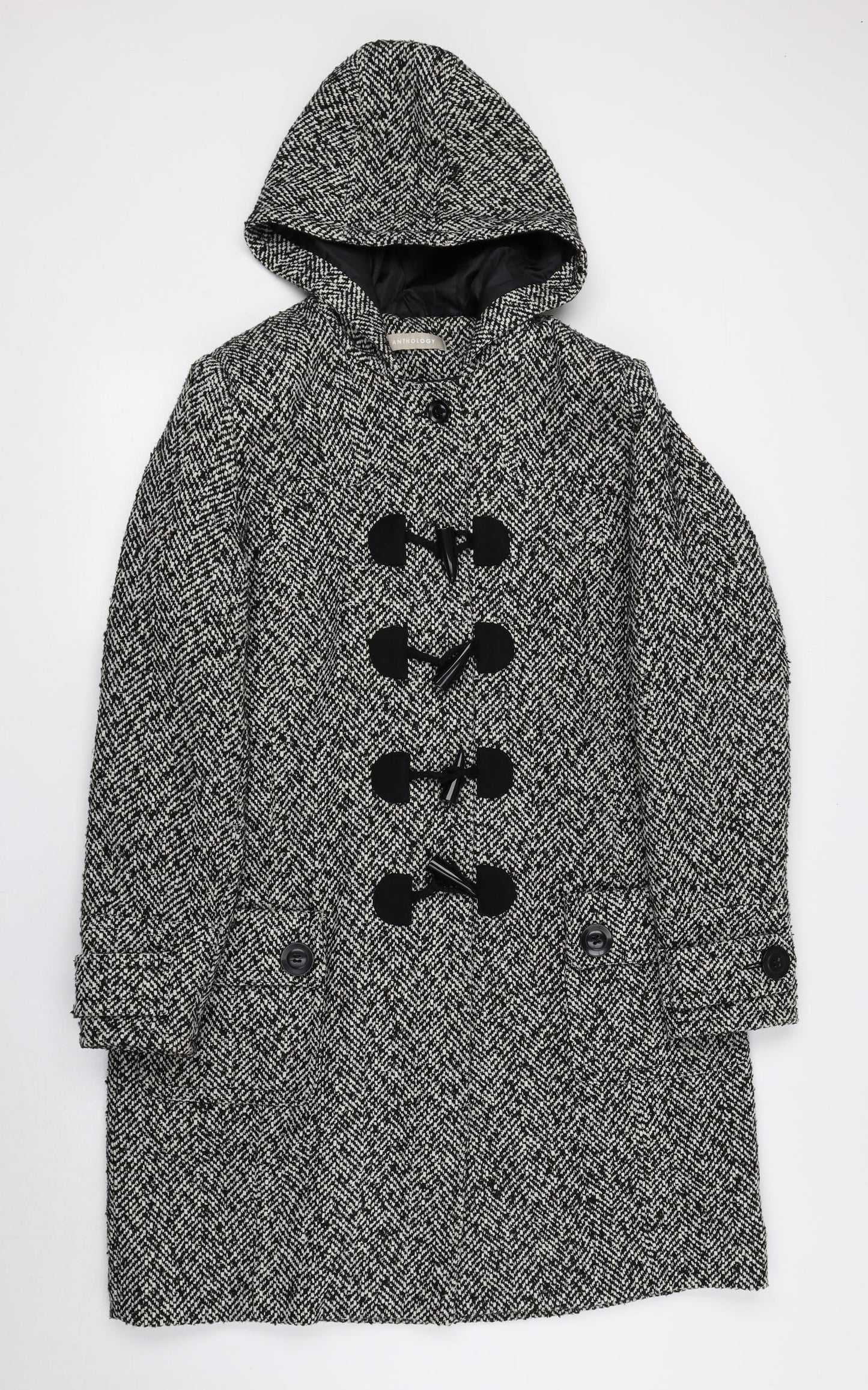 Anthology Womens Black Herringbone Overcoat Coat Size 14 Toggle