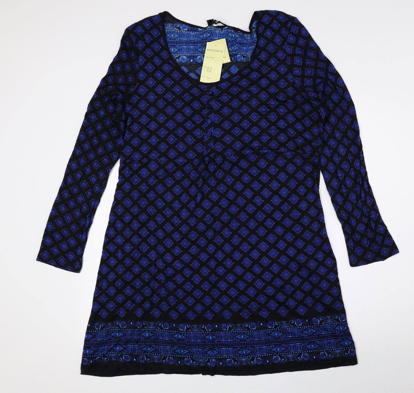 pomodoro Womens Blue Geometric Viscose A-Line Size 18 Scoop Neck Pullover