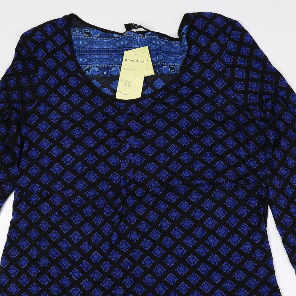 pomodoro Womens Blue Geometric Viscose A-Line Size 18 Scoop Neck Pullover