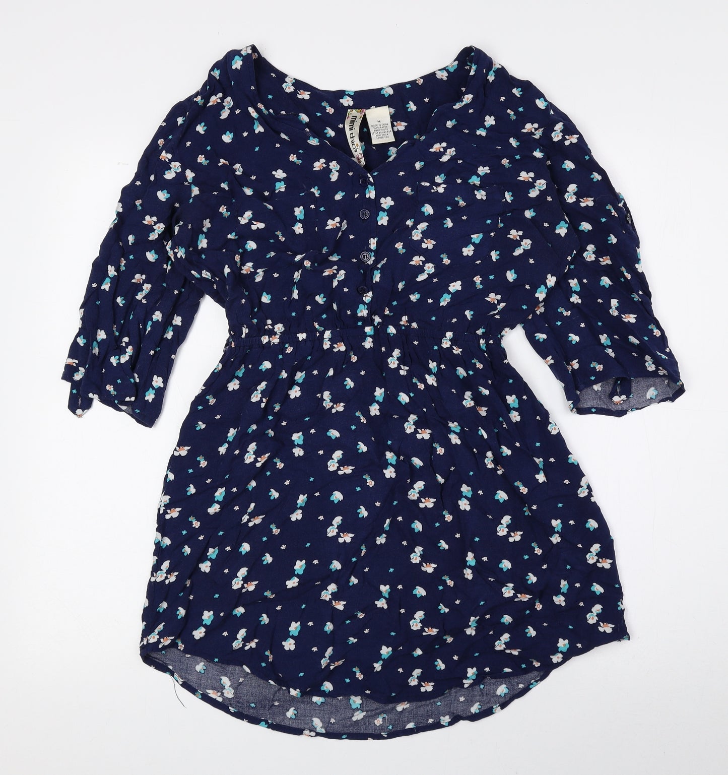 Mimi Chica Womens Blue Floral Polyester Basic Blouse Size M V-Neck