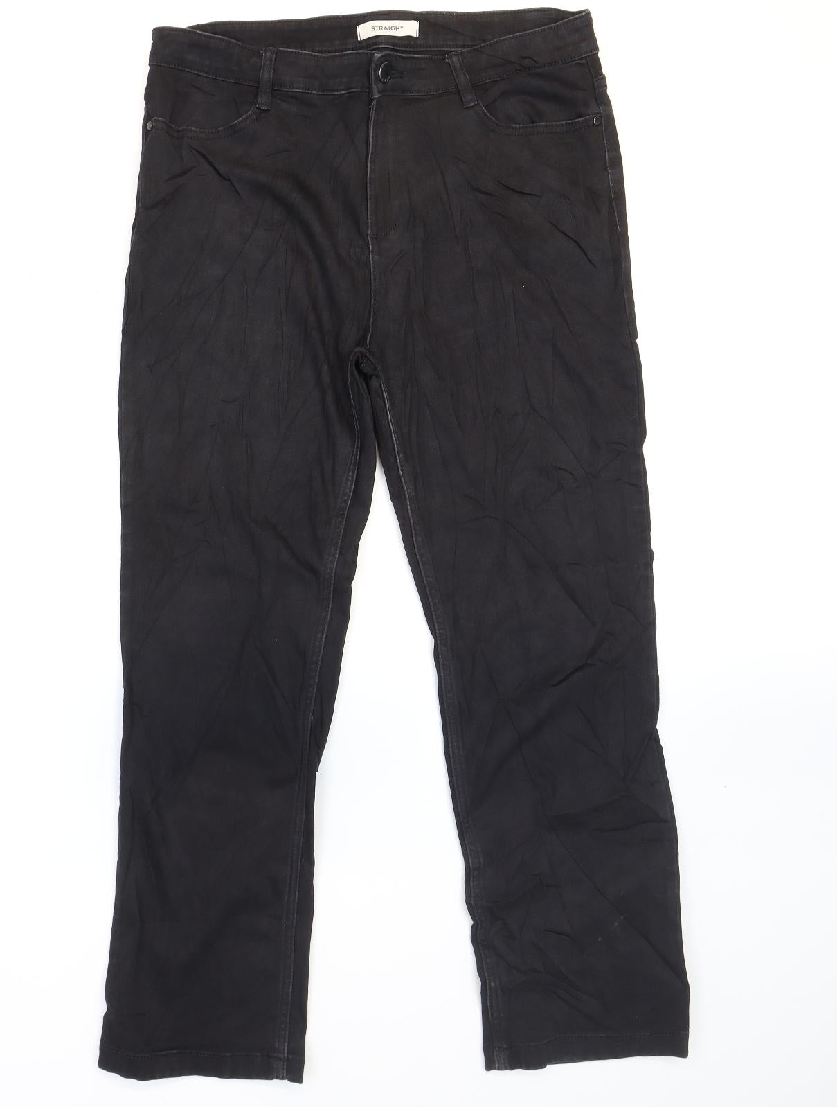 Marks and Spencer Womens Black Cotton Straight Jeans Size 14 L28 in Regular Zip