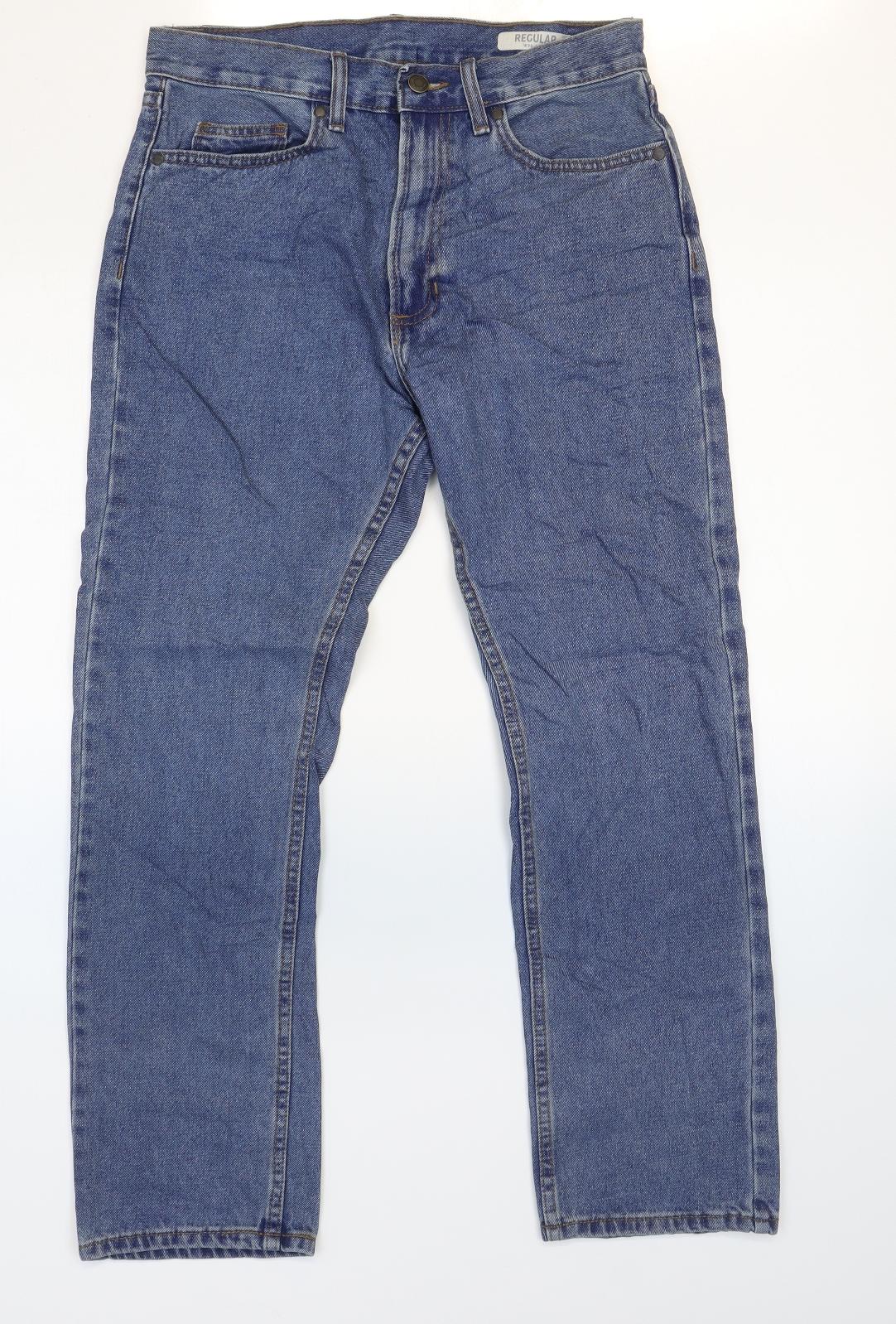 Marks and Spencer Mens Blue Cotton Straight Jeans Size 30 L29 in Regular Zip - Washed look