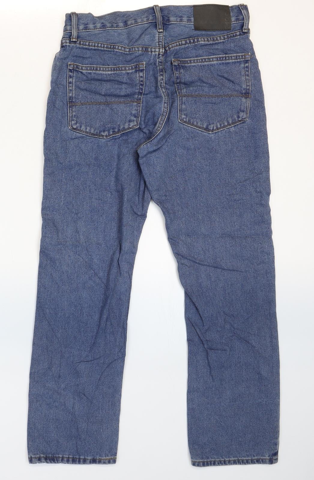 Marks and Spencer Mens Blue Cotton Straight Jeans Size 30 L29 in Regular Zip - Washed look