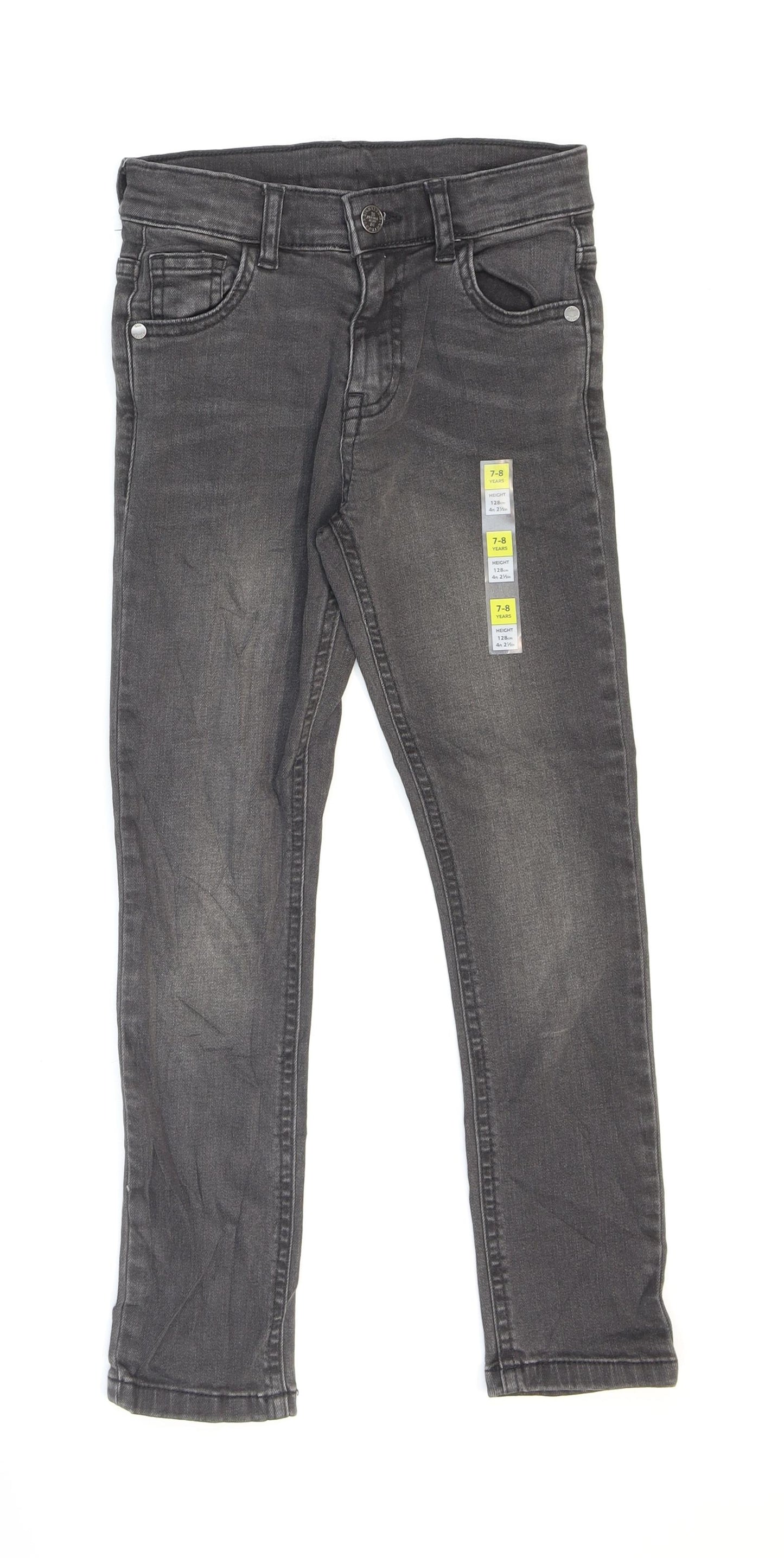 Marks and Spencer Girls Grey Cotton Skinny Jeans Size 7-8 Years L22 in Regular Zip - Washed look