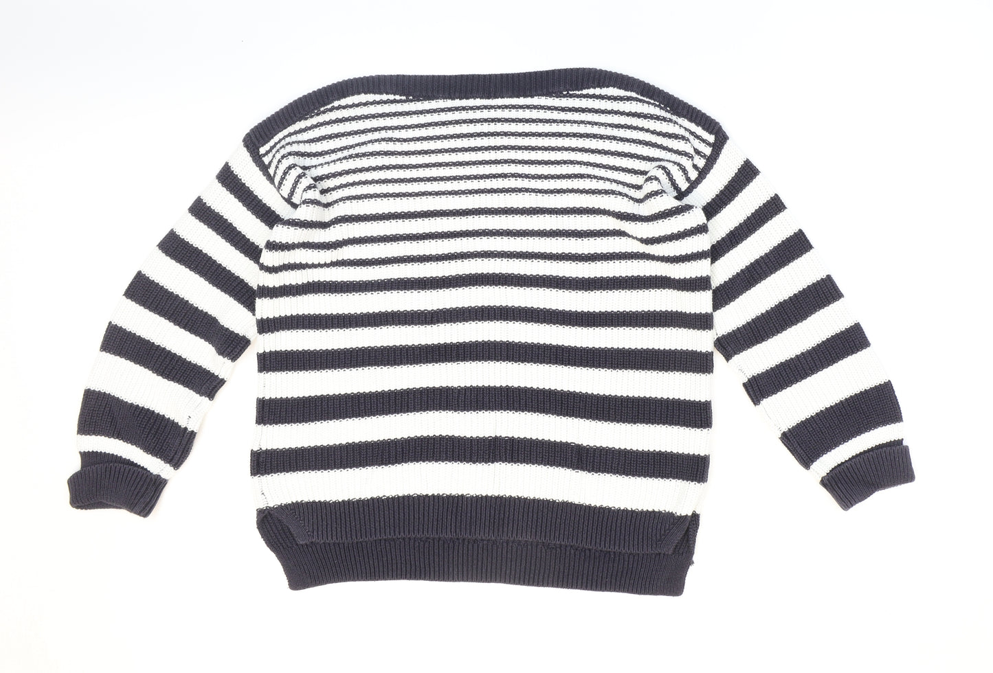Marks and Spencer Womens Blue Boat Neck Striped 100% Cotton Pullover Jumper Size M - Nautical.