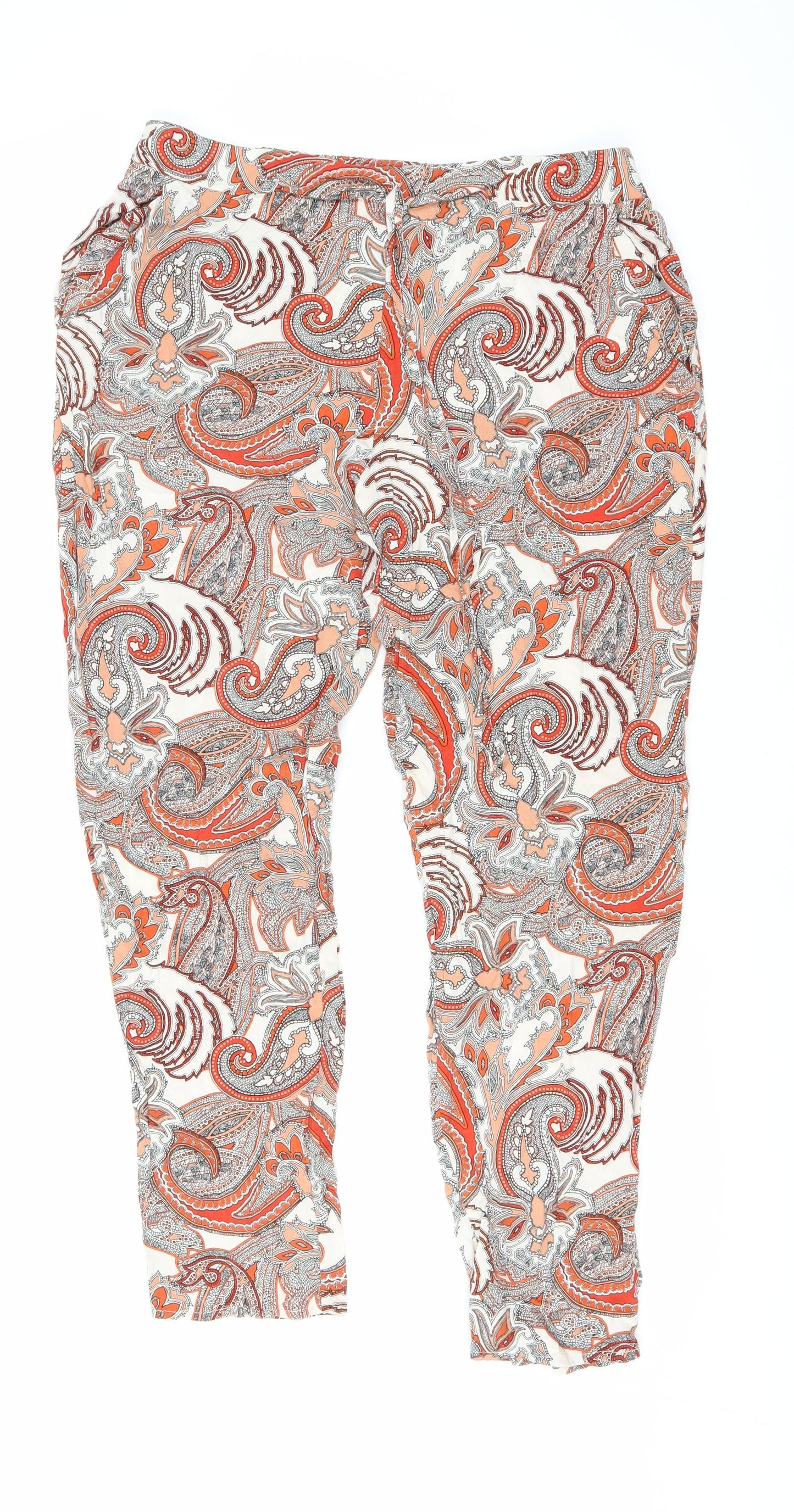 F&F Womens Orange Paisley Viscose Trousers Size 14 L27 in Regular Drawstring