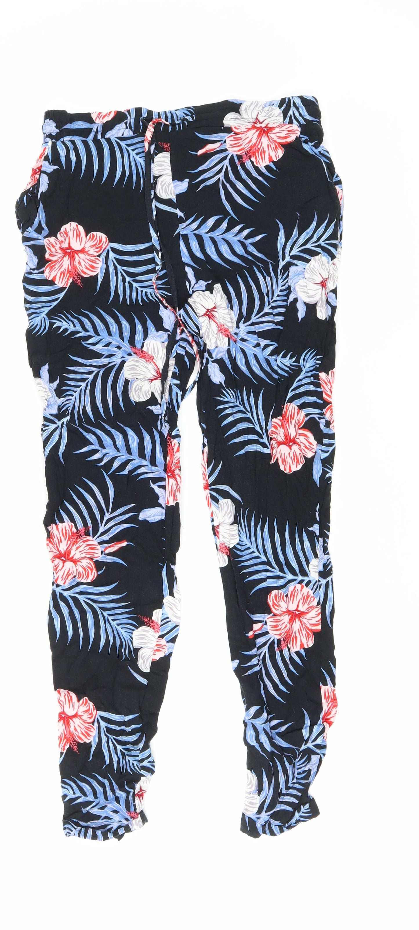 Primark Womens Black Floral Viscose Trousers Size 4 L26 in Regular Drawstring