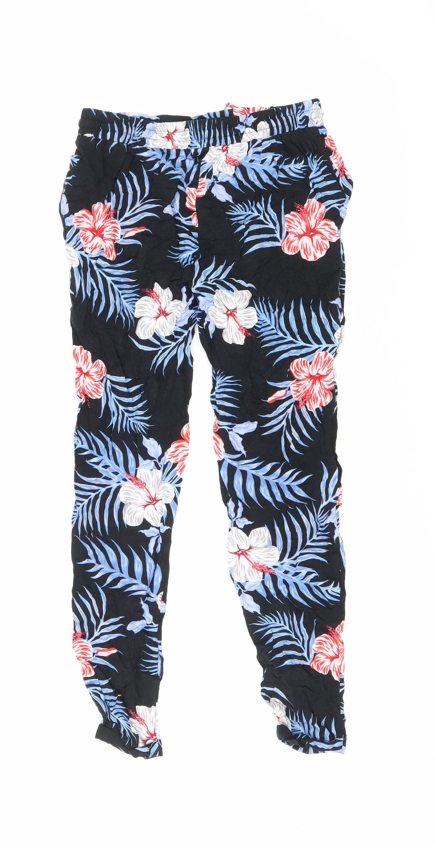 Primark Womens Black Floral Viscose Trousers Size 4 L26 in Regular Drawstring