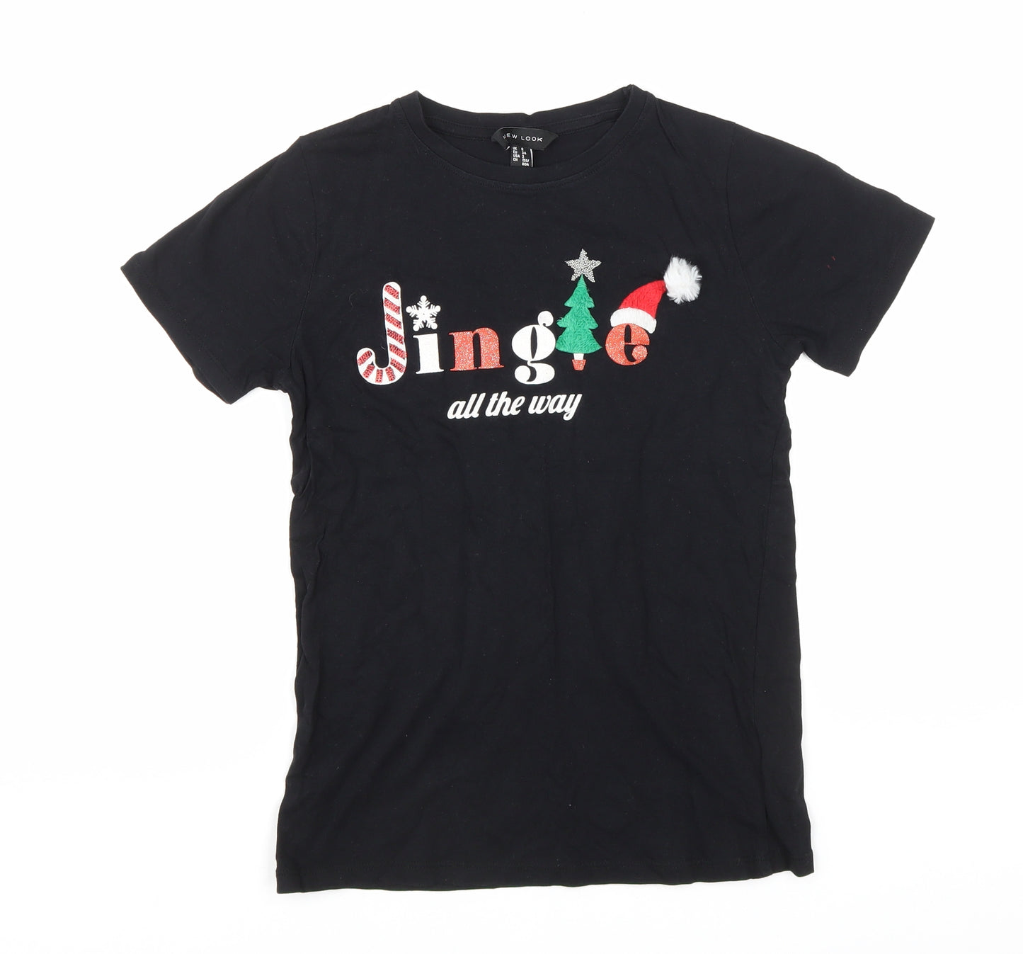 New Look Womens Black Cotton Basic T-Shirt Size 6 Round Neck - Jingle all the way
