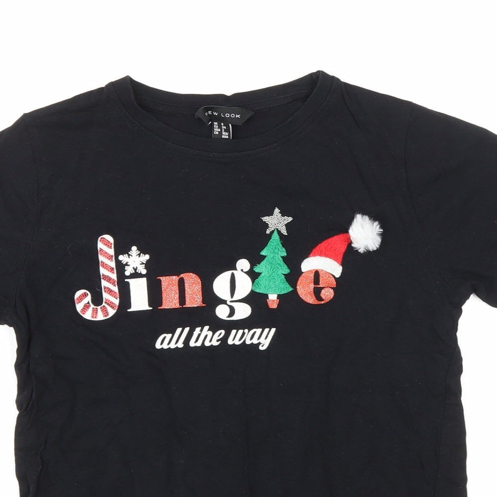 New Look Womens Black Cotton Basic T-Shirt Size 6 Round Neck - Jingle all the way
