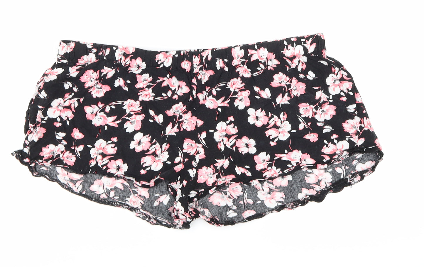 Primark Womens Black Floral Viscose Hot Pants Shorts Size L Regular Drawstring