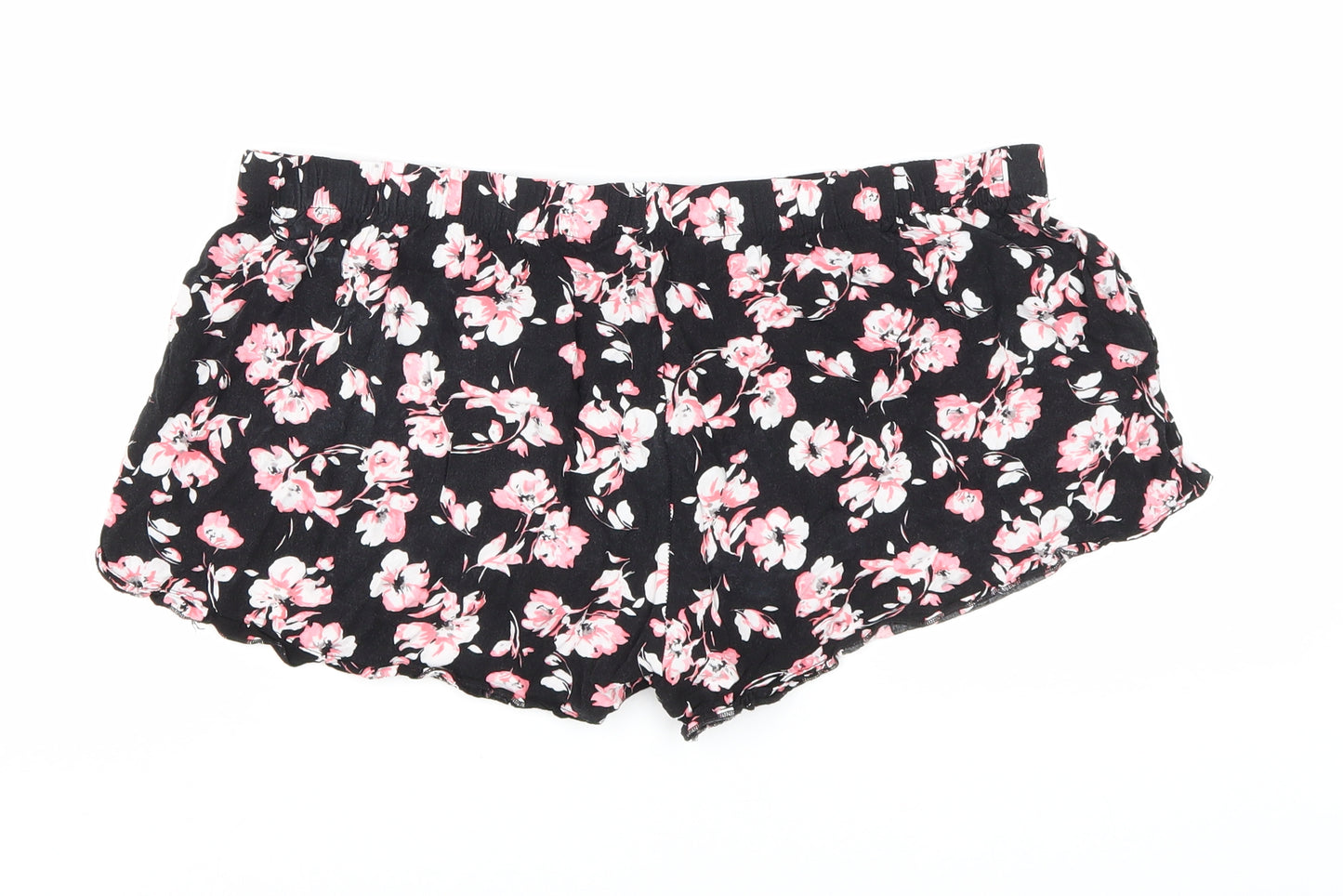 Primark Womens Black Floral Viscose Hot Pants Shorts Size L Regular Drawstring