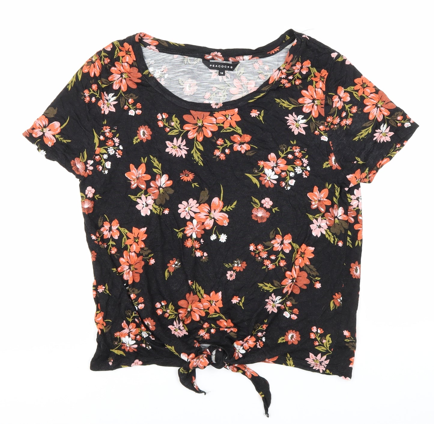 Peacocks Womens Black Floral Viscose Basic T-Shirt Size 18 Scoop Neck