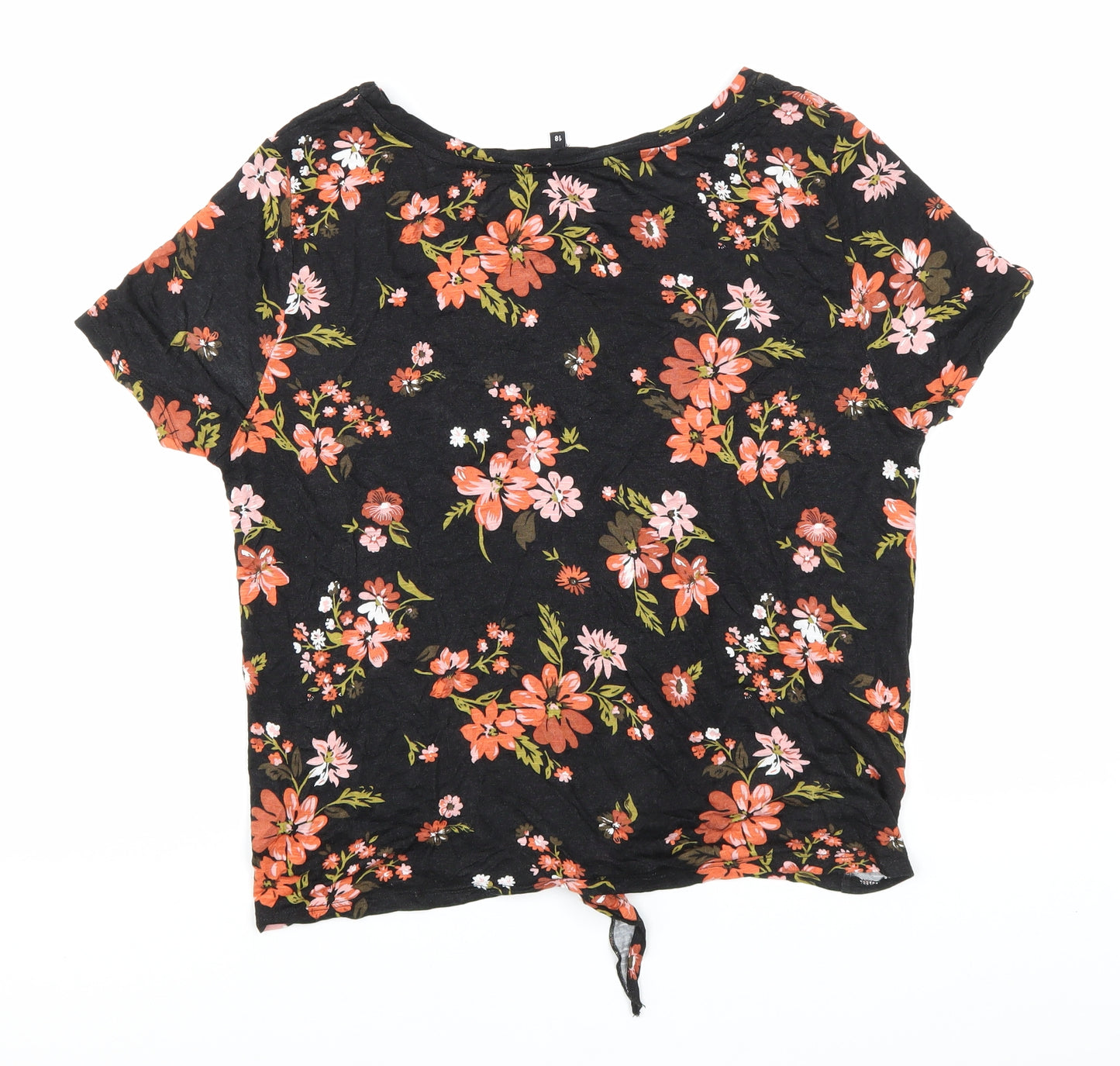 Peacocks Womens Black Floral Viscose Basic T-Shirt Size 18 Scoop Neck