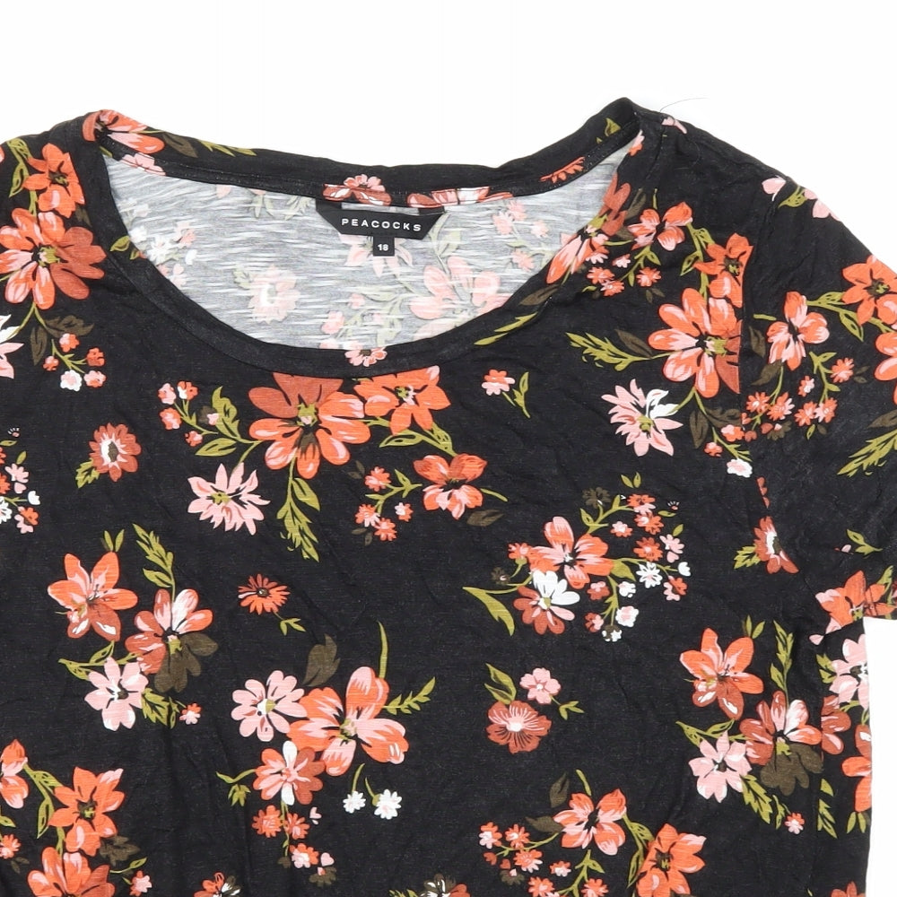 Peacocks Womens Black Floral Viscose Basic T-Shirt Size 18 Scoop Neck
