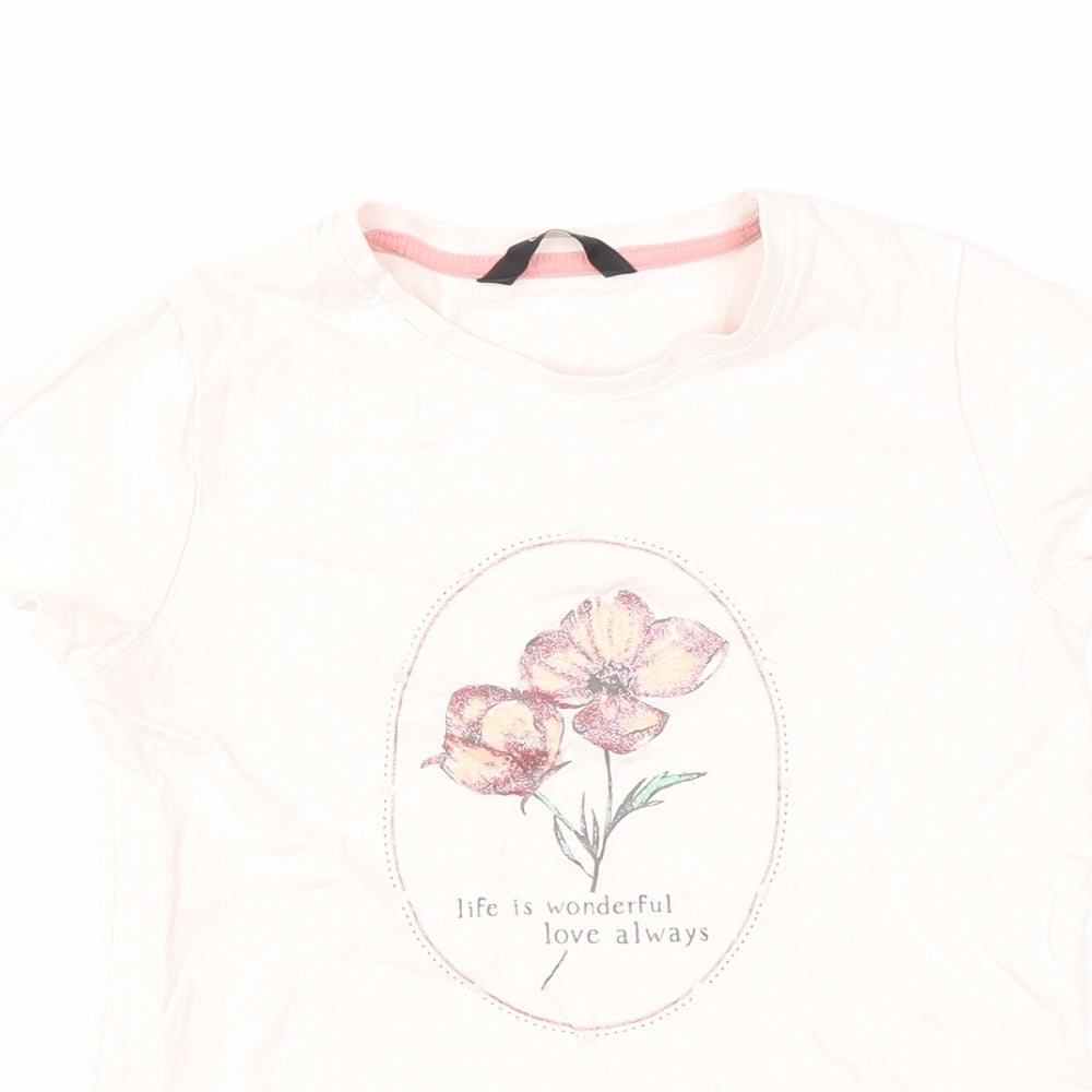 George Girls Pink Cotton Basic T-Shirt Size 8-9 Years Round Neck Pullover - Flower