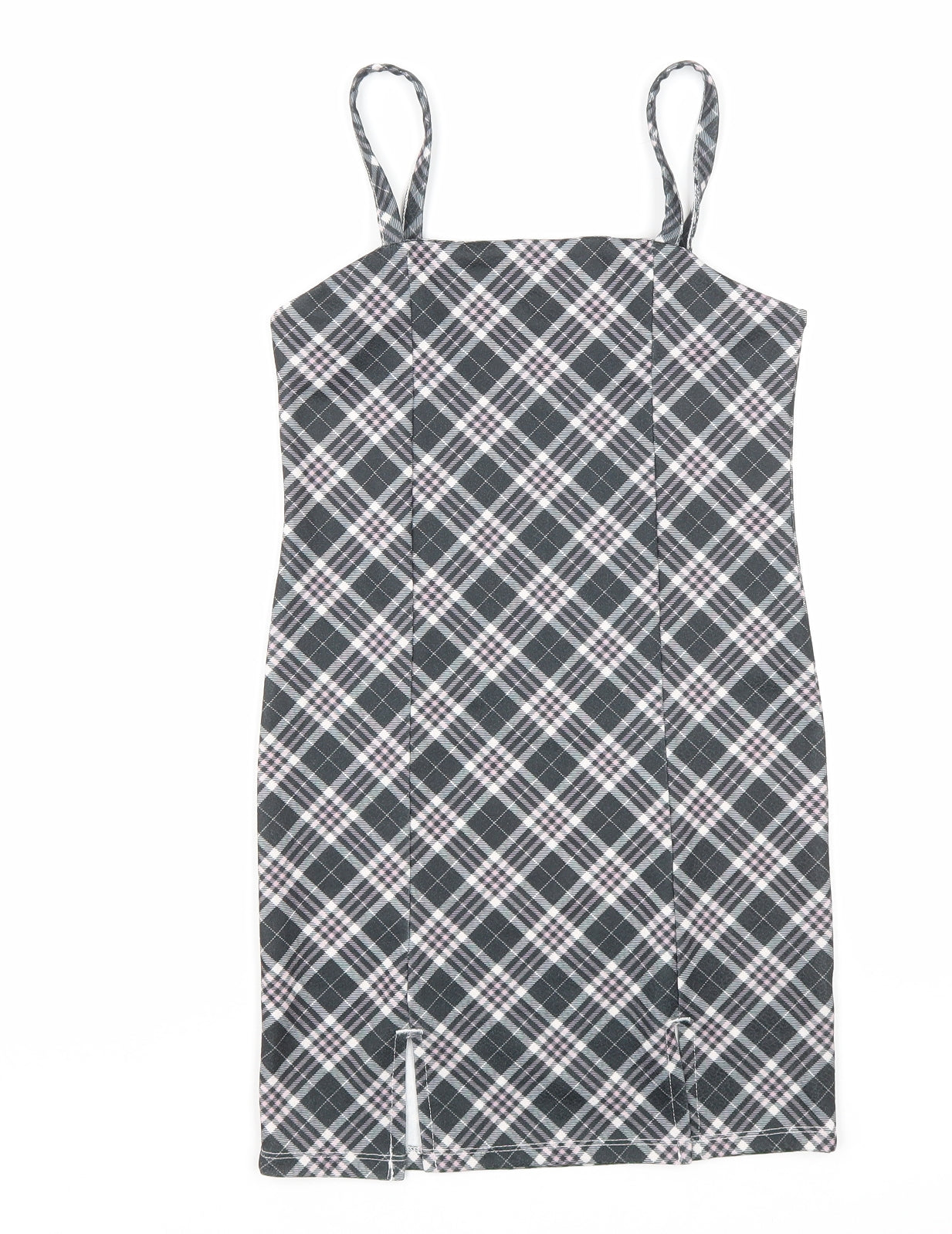 Matalan Girls Grey Plaid Polyester Tank Dress Size 10 Years Square Neck Pullover