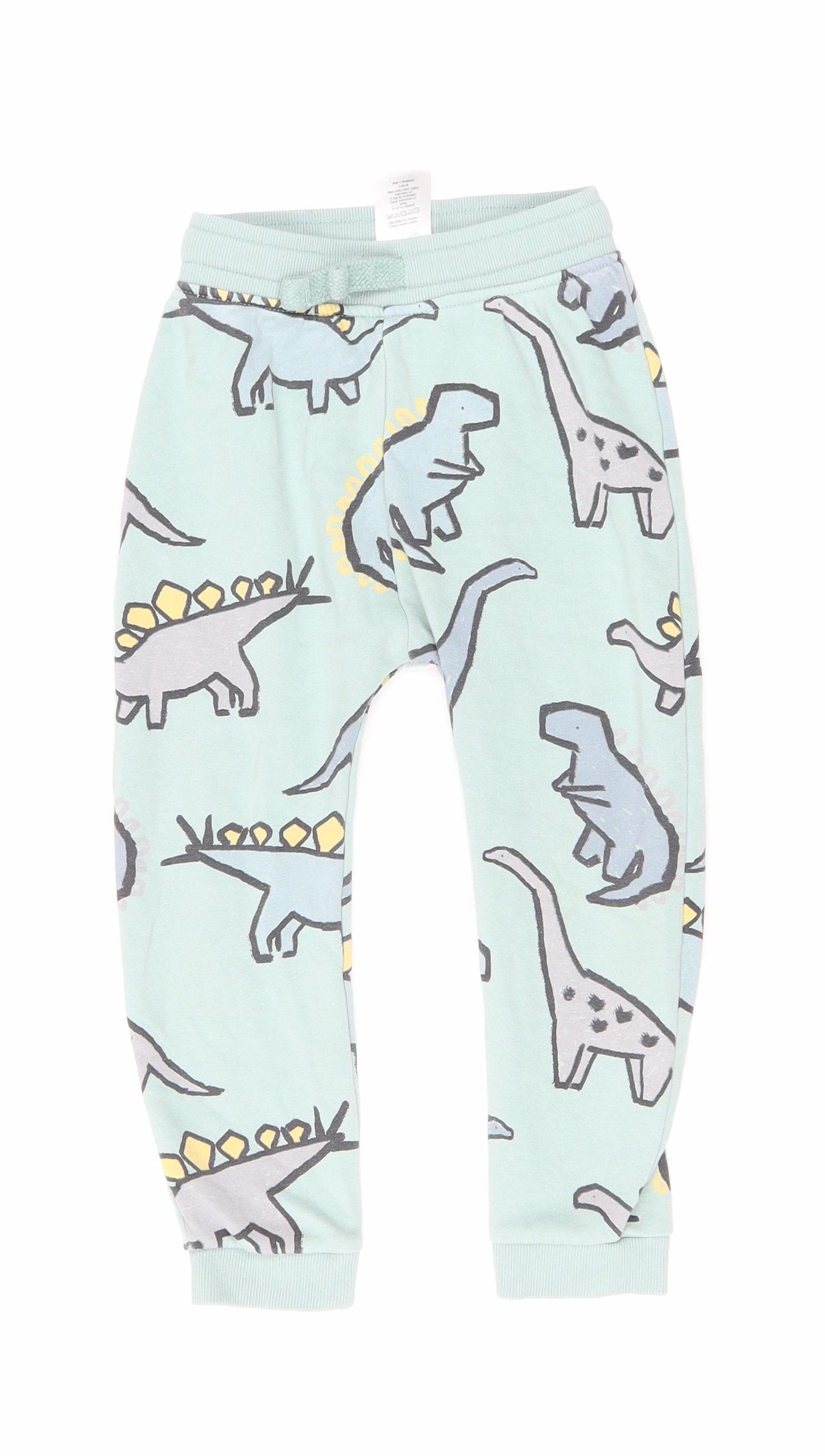 George Boys Green Geometric Cotton Jogger Trousers Size 3-4 Years Regular Drawstring - Dinosaur Print
