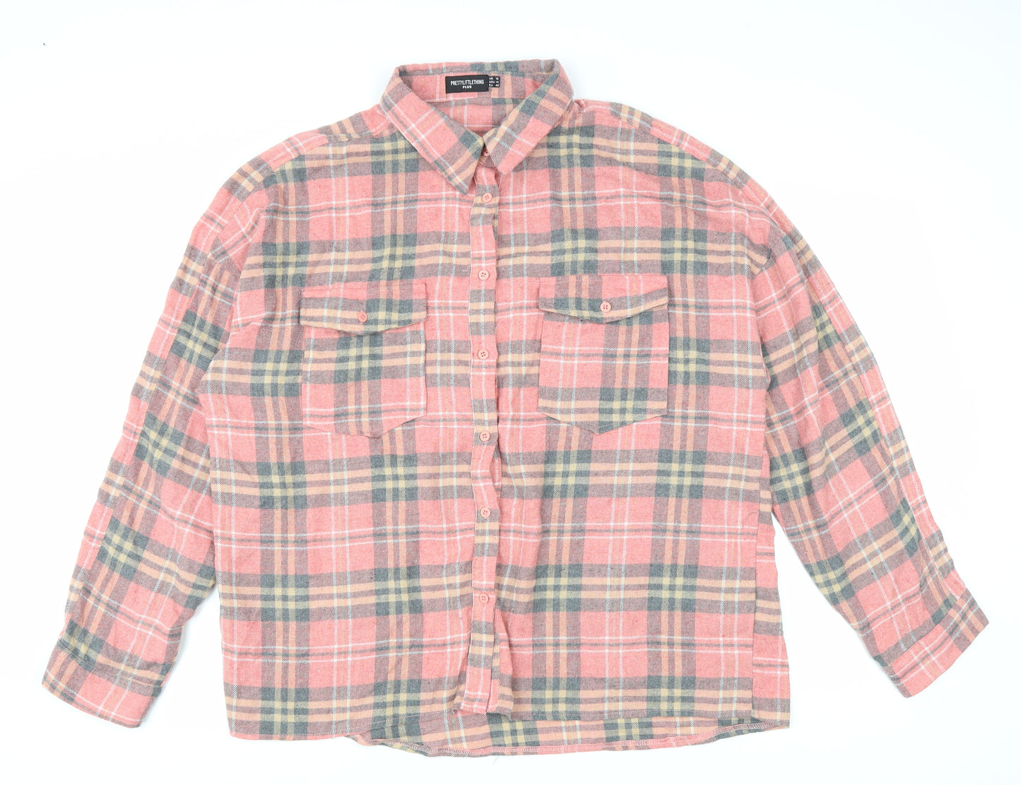 PRETTYLITTLETHING Womens Pink Plaid Cotton Basic Button-Up Size 16 Collared