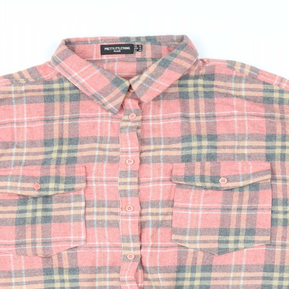 PRETTYLITTLETHING Womens Pink Plaid Cotton Basic Button-Up Size 16 Collared