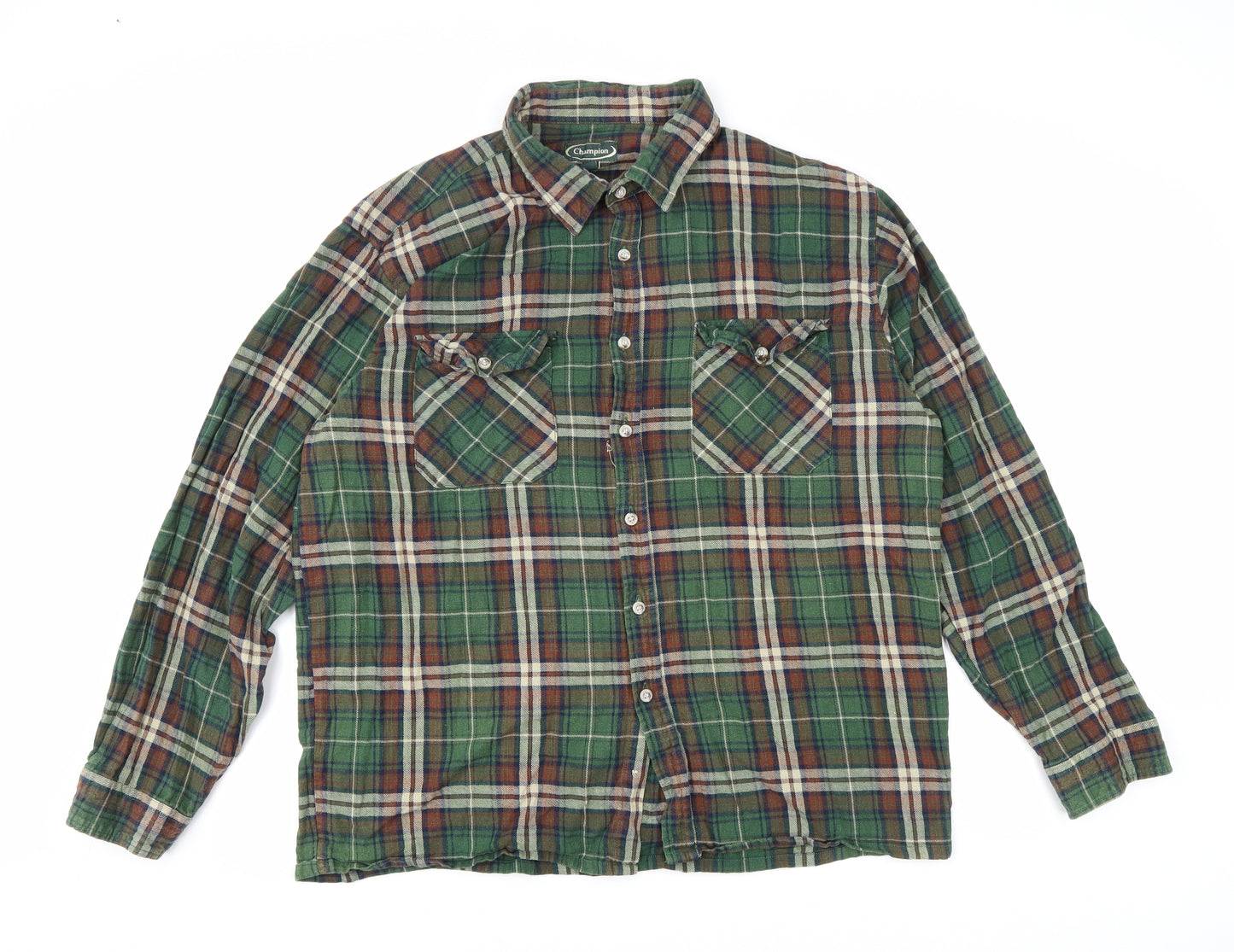 Champion Mens Green Plaid Cotton Button-Up Size 2XL Collared Button