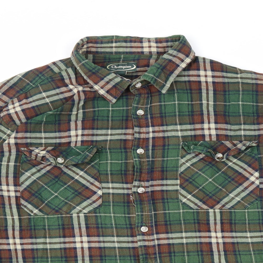 Champion Mens Green Plaid Cotton Button-Up Size 2XL Collared Button