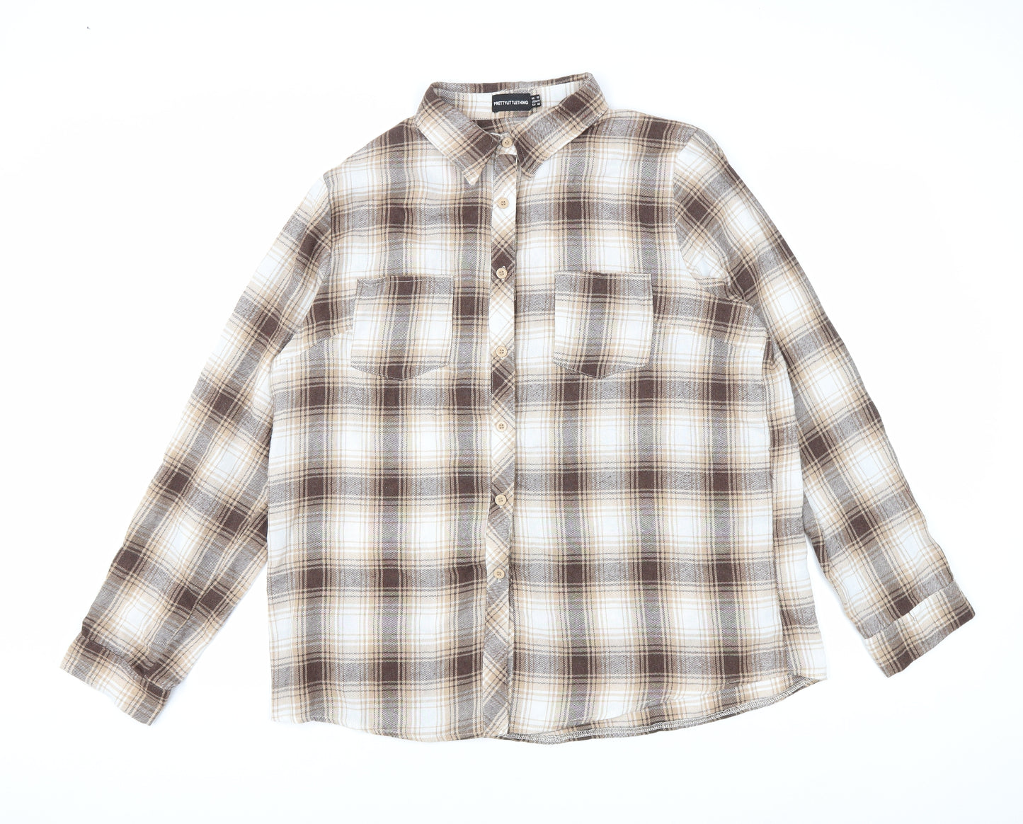 PRETTYLITTLETHING Womens Brown Plaid Cotton Basic Button-Up Size 18 Collared