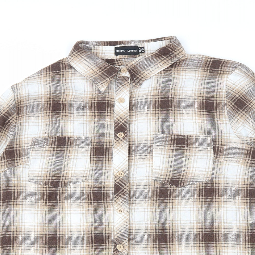 PRETTYLITTLETHING Womens Brown Plaid Cotton Basic Button-Up Size 18 Collared