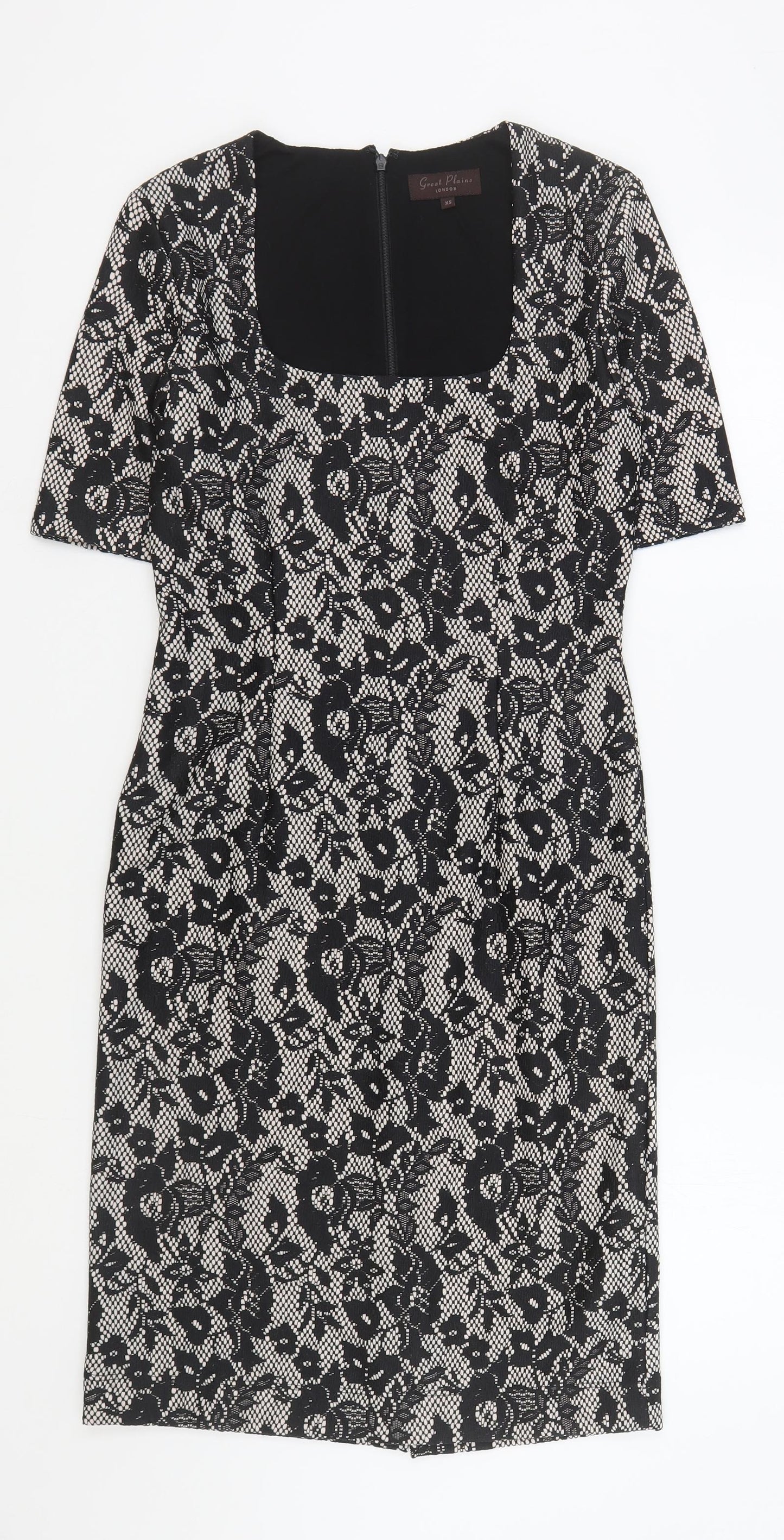 Great Plains Womens Black Floral Polyester Bodycon Size XS Scoop Neck Zip