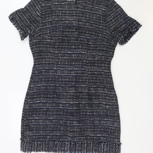 Warehouse Womens Blue Geometric Acrylic Bodycon Size 12 Round Neck Zip