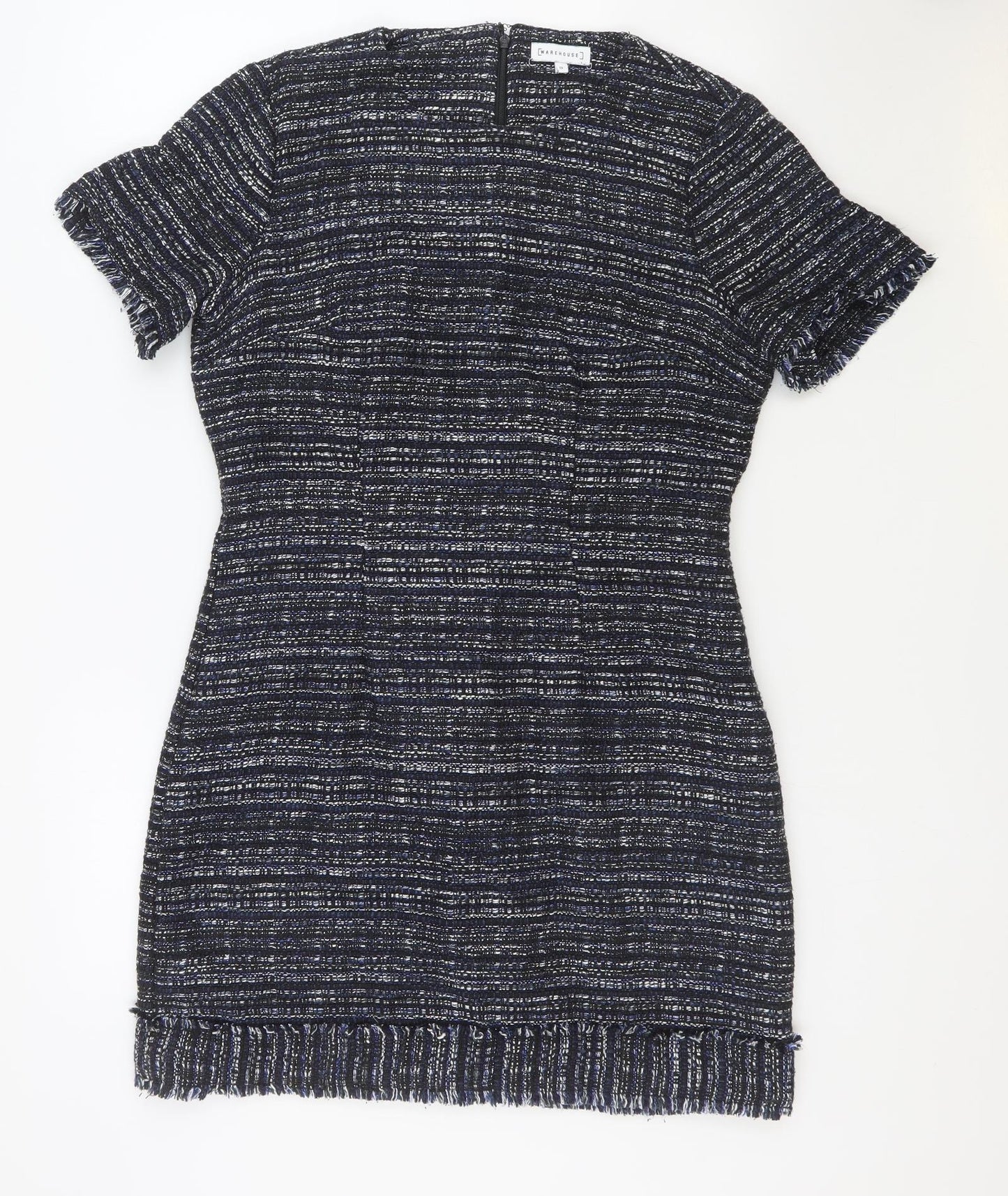 Warehouse Womens Blue Geometric Acrylic Bodycon Size 12 Round Neck Zip
