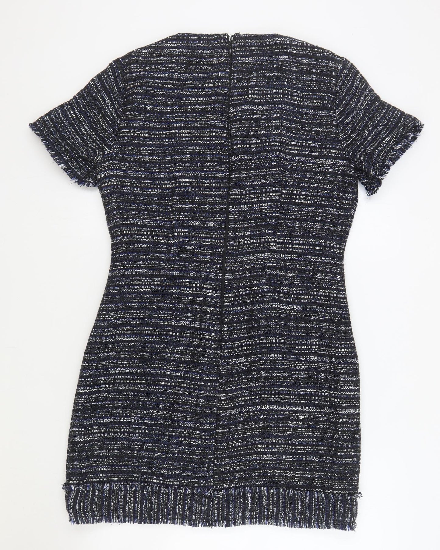 Warehouse Womens Blue Geometric Acrylic Bodycon Size 12 Round Neck Zip