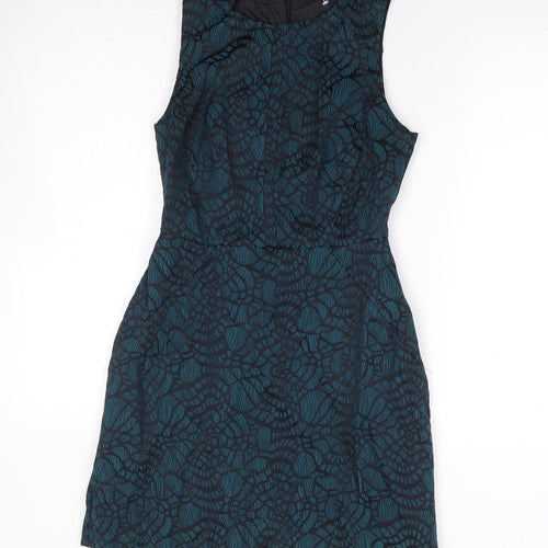 New Look Womens Green Geometric Polyester A-Line Size 8 Round Neck Zip