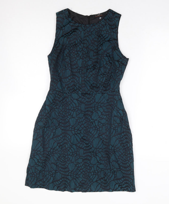 New Look Womens Green Geometric Polyester A-Line Size 8 Round Neck Zip