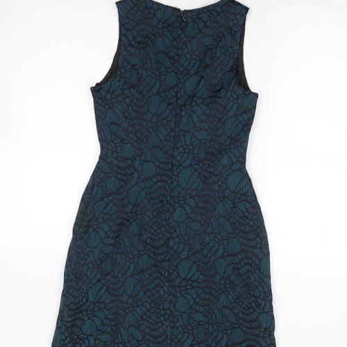 New Look Womens Green Geometric Polyester A-Line Size 8 Round Neck Zip