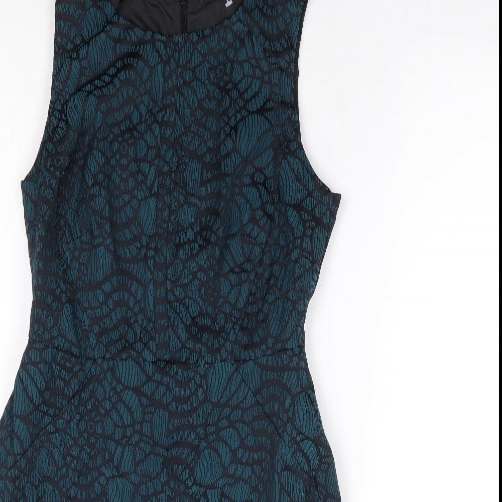 New Look Womens Green Geometric Polyester A-Line Size 8 Round Neck Zip