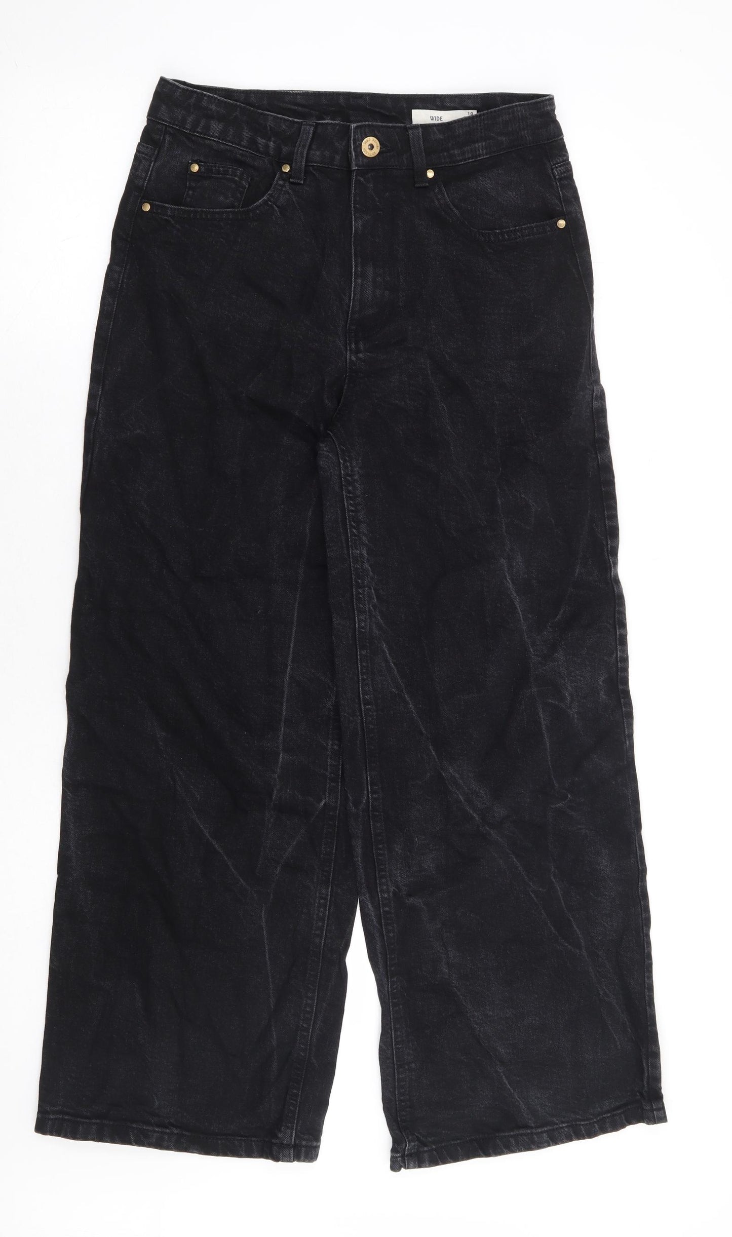 Marks and Spencer Womens Black Cotton Wide-Leg Jeans Size 10 L28 in Regular Zip - Short Length