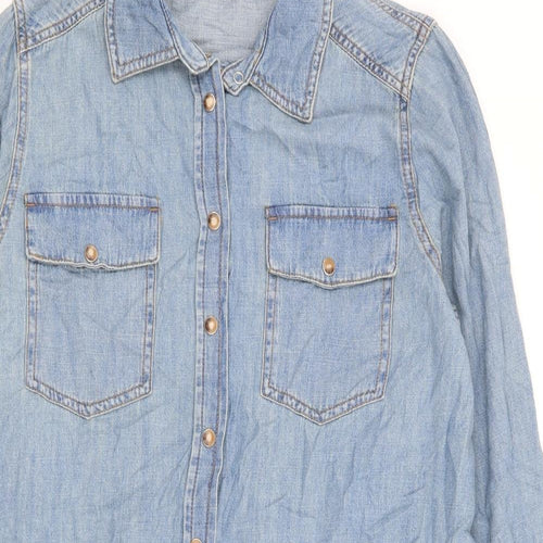 Marks and Spencer Womens Blue 100% Cotton Shirt Dress Size 16 Collared Snap